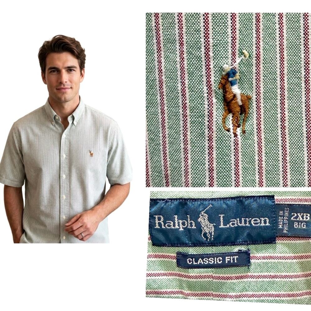 VTG Ralph Lauren Classic Fit Oxford Shirt 2XB Striped Short Sleeve Flesh Pony